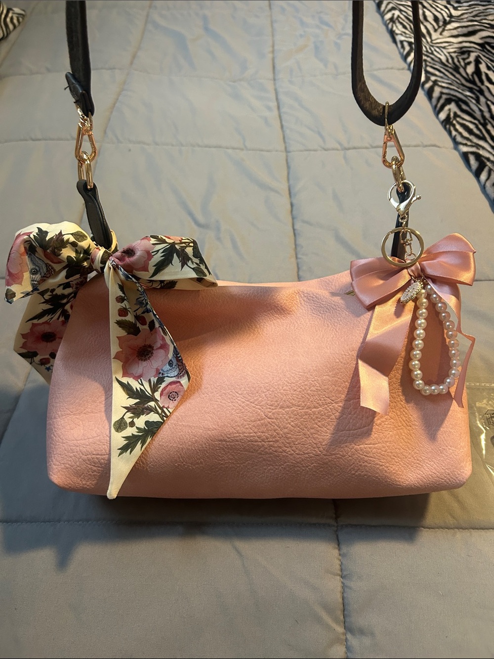 Pink Crossbody Bag with Floral Twilly and Bow Charm - Picture 2 of 7